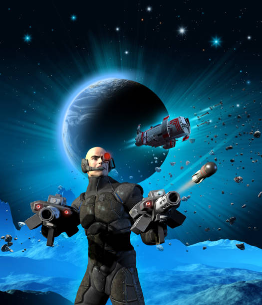 istock Space warrior launching rockets during a battle in a unknown planet, 3d illustration 966179632