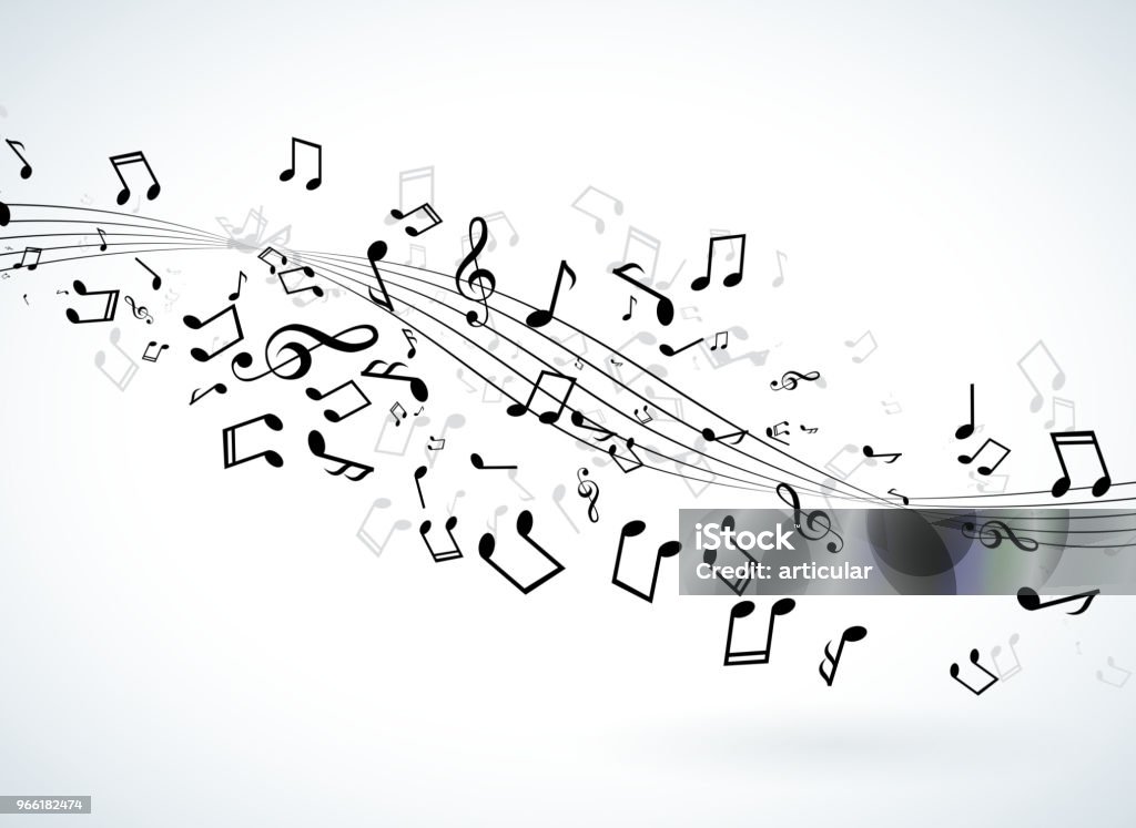 Illustrazione musicale con note cadendo su sfondo bianco. Design vettoriale per banner, poster, biglietto d'auguri. - arte vettoriale royalty-free di Nota musicale