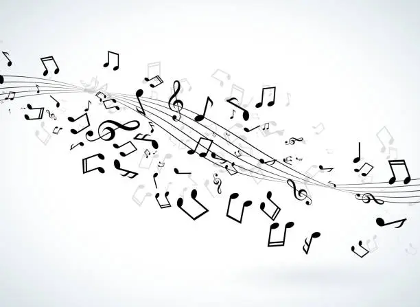 Vector illustration of Music illustration with falling notes on white background. Vector design for banner, poster, greeting card.