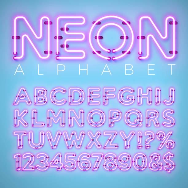 istock Bright Neon Alphabet on Blue Background. Vector Letter, Number and Symbol with Shiny Glow Effect Layered Separated Characters. Font Design template for Your Text, Decoration, Banner, Flyer or Promotional Party Poster. 966182734