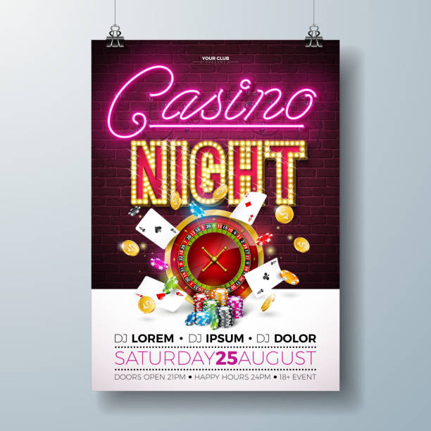 Vector Casino night flyer illustration with gambling design elements and shiny neon light lettering on brick wall background. Lighting signboard, roulette wheel, playing chips, gold coin and poker card. Luxury invitation poster template. Vector Casino night flyer illustration with gambling design elements and shiny neon light lettering on brick wall background. Lighting signboard, roulette wheel, playing chips, gold coin and poker card. Luxury invitation poster template casino stock illustrations