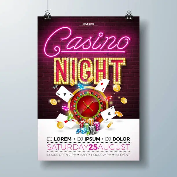 Vector illustration of Vector Casino night flyer illustration with gambling design elements and shiny neon light lettering on brick wall background. Lighting signboard, roulette wheel, playing chips, gold coin and poker card. Luxury invitation poster template.