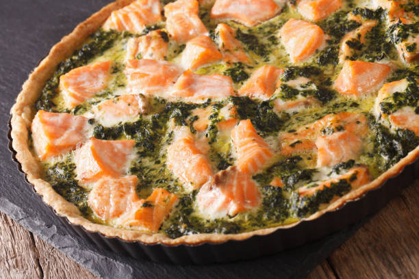 istock pie with salmon and spinach in the dish for baking close-up. horizontal 966188882
