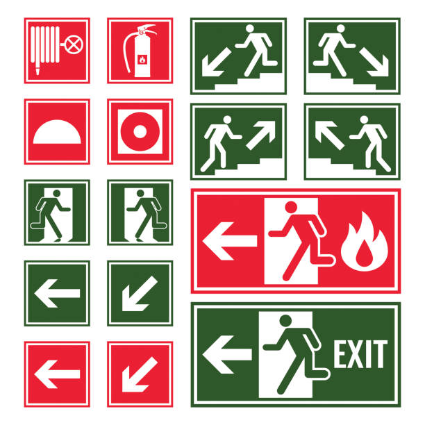 Evacuation and emergency signs in green and red colors Evacuation and emergency signs in green and red colors set. Fire exit, directional arrows and distinguisher symbols in squares isolated vector illustrations. fire hose stock illustrations