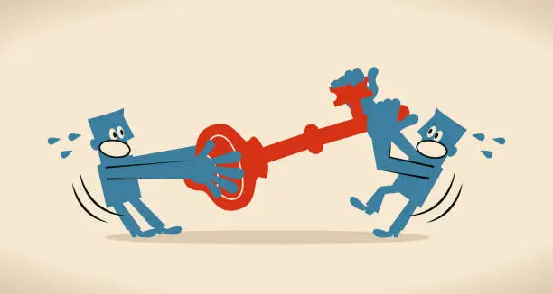 Vector illustration of Two businessmen fighting for a big key