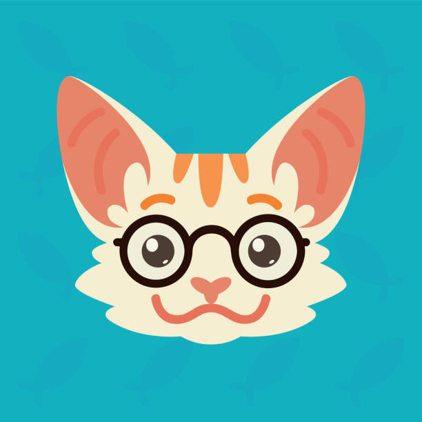 istock Cat emotional head. Vector illustration of cute kitty shows smart emotion. Nerd emoji. Smiley icon. Print, chat, communication. White cat with red stripes in flat cartoon style on blue background. 966203064