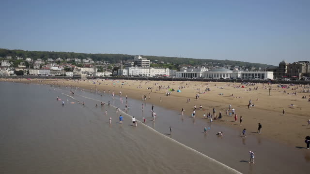 Weston-Super-mare Somerset beach and seafront on busy bank holiday