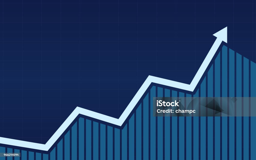 flechas de línea de tendencia alcista con gráfico de barras en bolsa sobre fondo de color azul - arte vectorial de Crecimiento libre de derechos