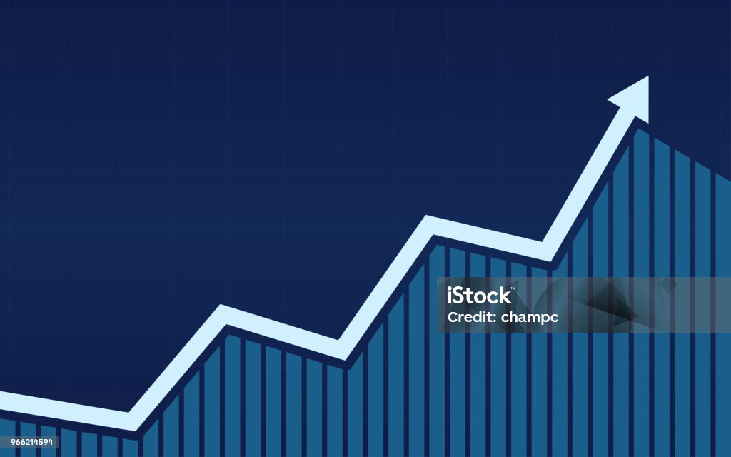 frecce di linea di tendenza superiore con grafico a barre in Borsa su sfondo colore blu - arte vettoriale royalty-free di Crescita