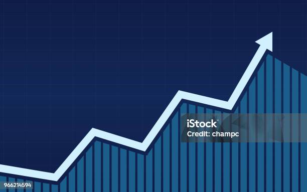 Frecce Di Linea Di Tendenza Superiore Con Grafico A Barre In Borsa Su Sfondo Colore Blu - Immagini vettoriali stock e altre immagini di Crescita