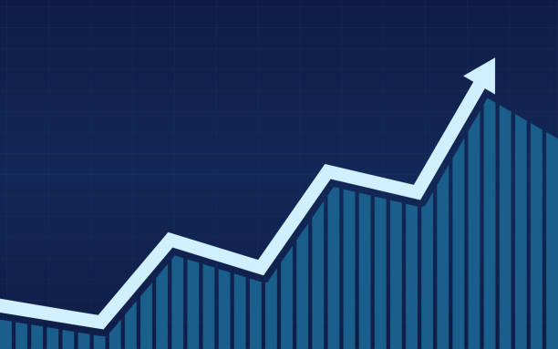 ilustrações, clipart, desenhos animados e ícones de setas de linha de tendência de alta com gráfico de barras no mercado de ações, sobre fundo de cor azul - market