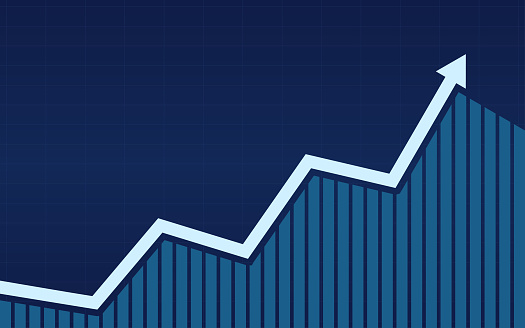 uptrend line arrows with bar chart in stock market on blue color background