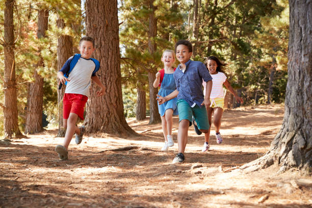 istock Children Running Along Forest Trail On Hiking Adventure 966219790