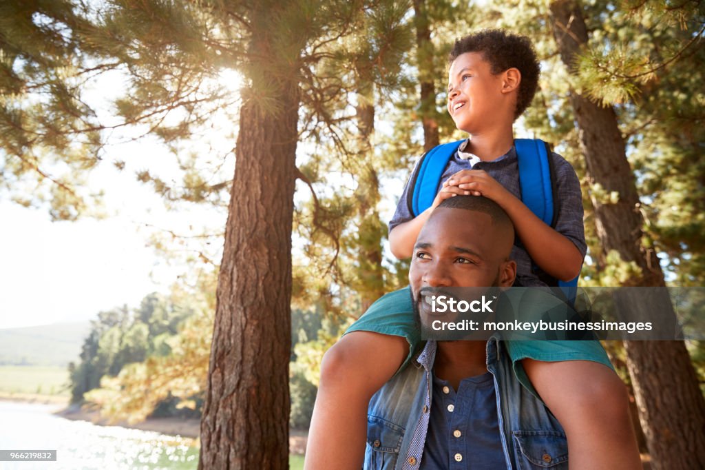 Padre caminando en el bosque con el hijo en hombros - Foto de stock de Familia libre de derechos