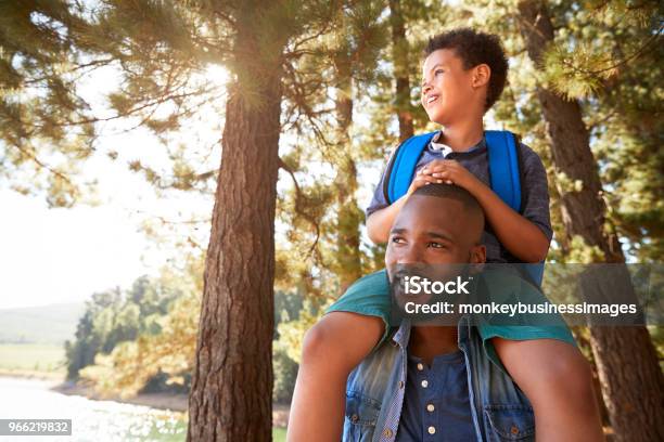 Padre Caminando En El Bosque Con El Hijo En Hombros Foto de stock y más banco de imágenes de Familia