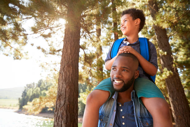 istock Father Walking In Woods Carrying Son On Shoulders 966219832