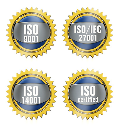 ISO 9001, 27001, 14001 and certified badges isolated on white.