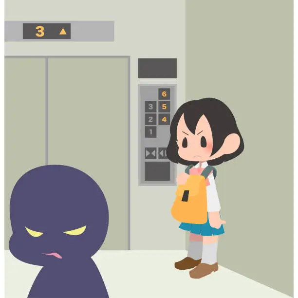 Vector illustration of Girls ride in an elevator and wary and suspicious persons