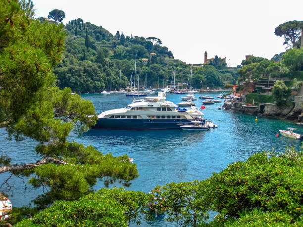 Moneglia, Liguria, Italy - circa June 2010: A luxury yacht along scenic road between Portofino and Santa Margherita Ligure where you can find some of the most beautiful villas.