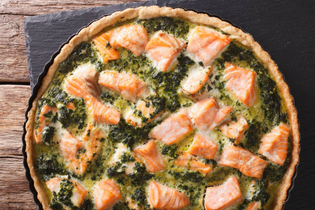 istock pie with salmon, cream and spinach in baking dish close up. horizontal top view 966238124