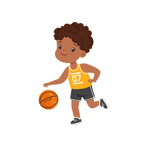 Vector illustration of Cute little african american boy playing basketbal, kids physical activity concept vector Illustration on a white background