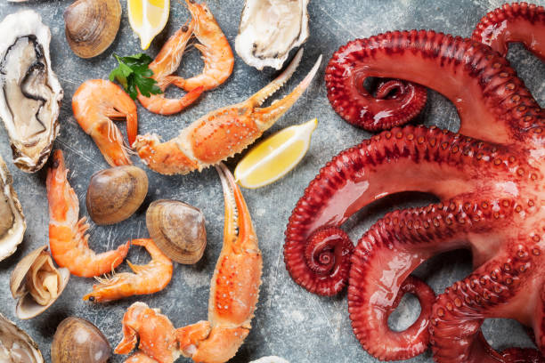 istock Seafood. Octopus, oysters, lobster, shrimps 966239114