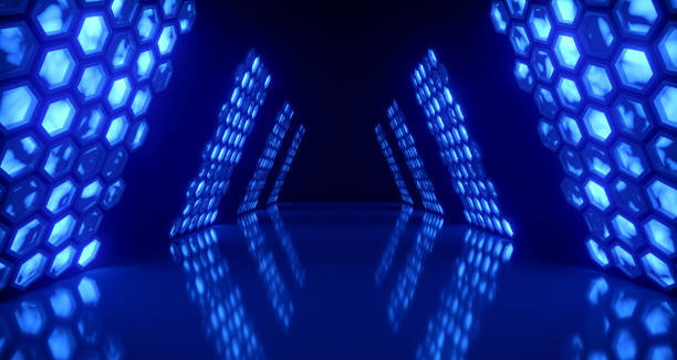 istock Bright Futuristic Long Sci-Fi Tunnel With Hexagon Lights And Reflective Floor. 3D Rendering 966240104