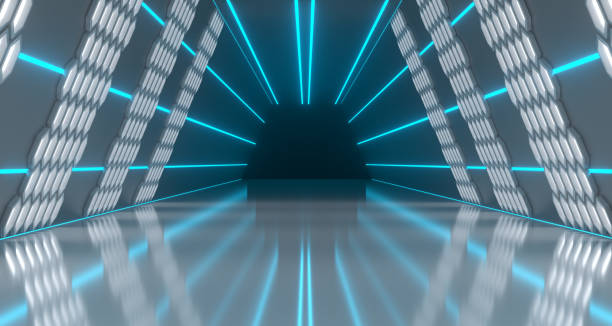 istock Bright Futuristic Long Sci-Fi Tunnel With Hexagon Lights And Reflective Floor. 3D Rendering 966240122