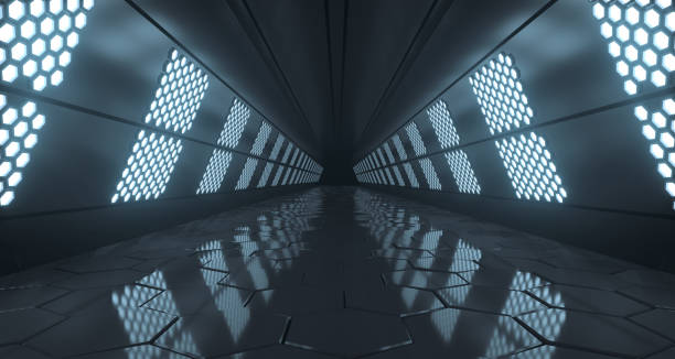 istock Dark Futuristic Long Sci-Fi Tunnel With Hexagon Lights And Reflective Floor. 3D Rendering 966240170