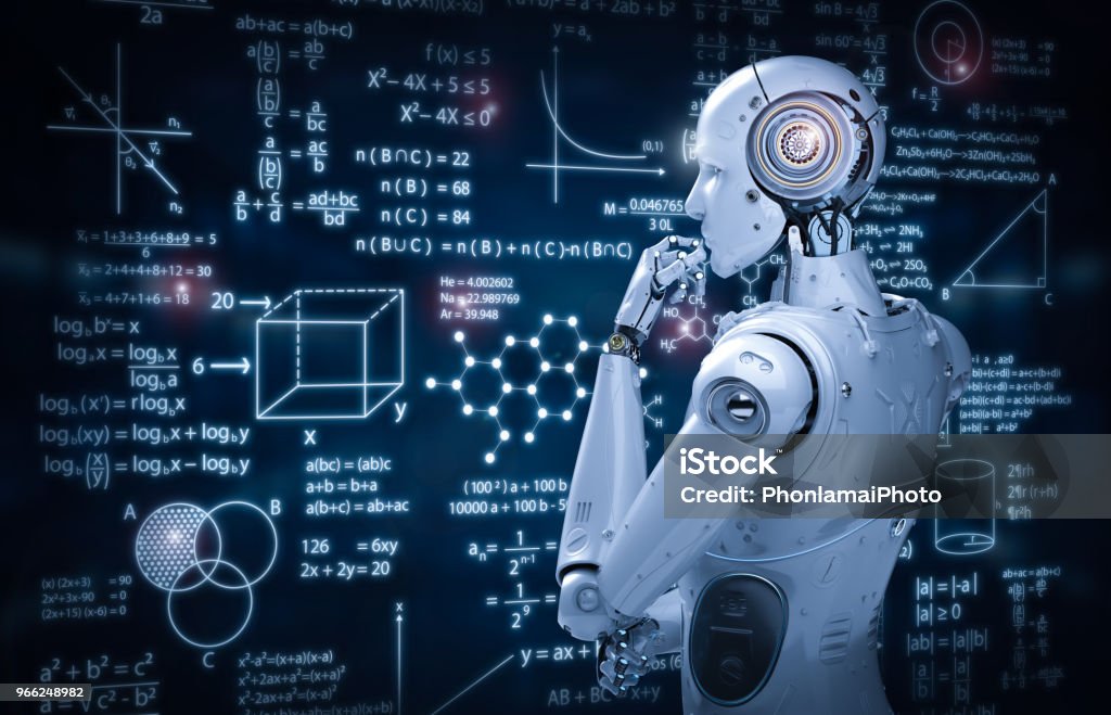robot with education hud 3d rendering robot learning or machine learning with education hud interface Artificial Intelligence Stock Photo