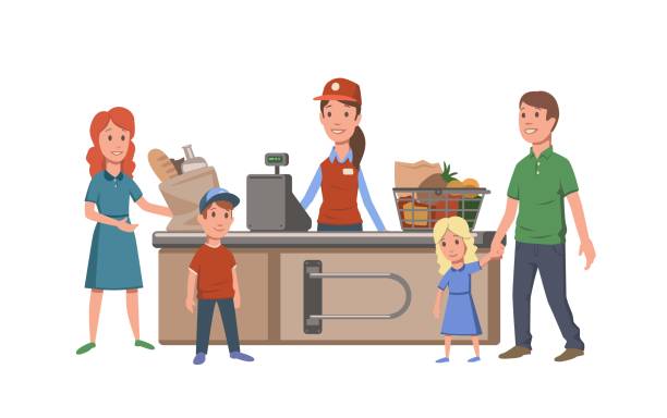 illustrazioni stock, clip art, cartoni animati e icone di tendenza di cassiere e clienti al registratore di cassa del minimarket. famiglia che compra cibo al supermercato. illustrazione vettoriale piatta. isolato su sfondo bianco. - shopping supermarket department store women