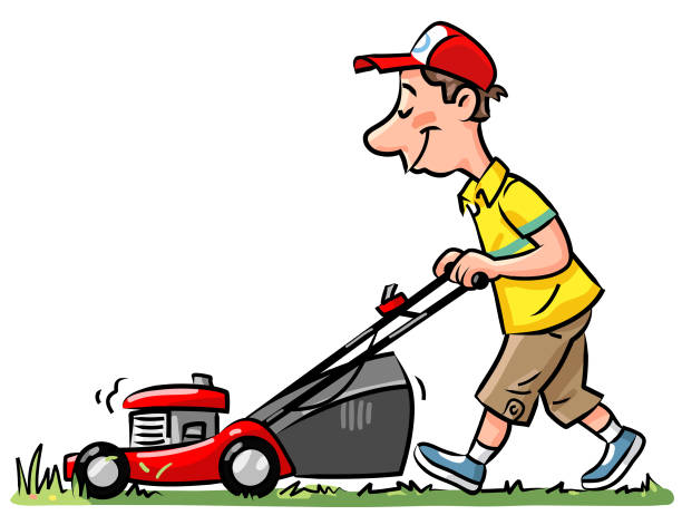 Young Man With Lawn Mower Vector illustration of a man mowing the lawn, isolated on white. lawn mower clip art stock illustrations