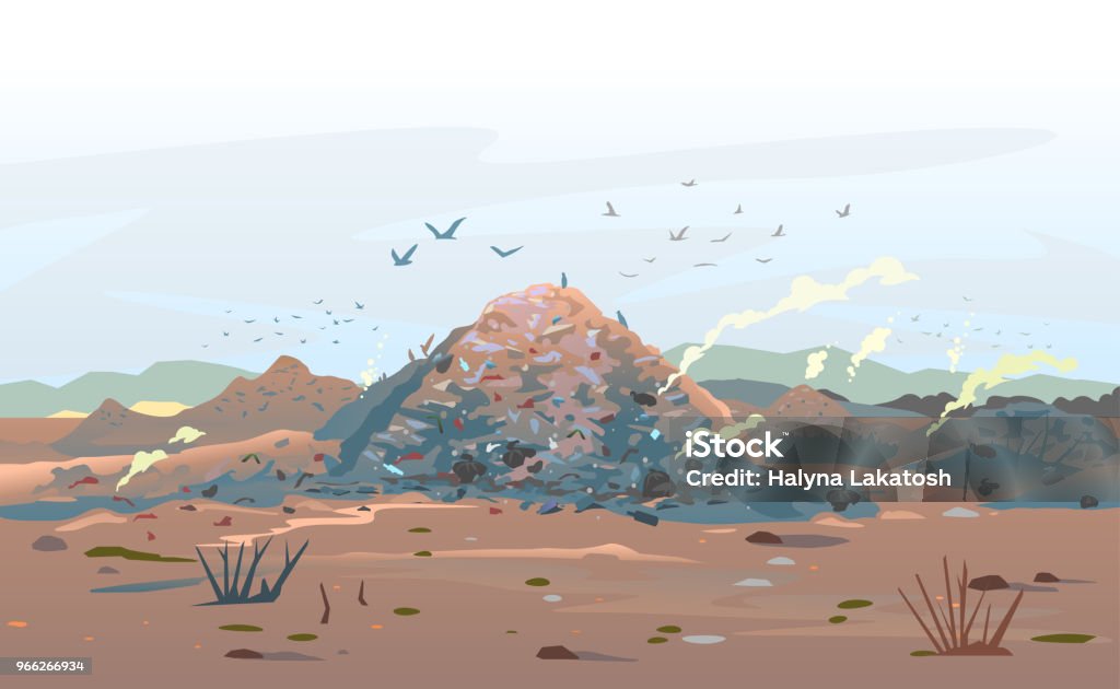 Garage Dump Concept Landscape Garage dump concept with mountains of trash and flock of birds, unpleasant smell in an infinite landfill heap landscape as a background of environmental damage issues, environmental pollution Landfill stock vector