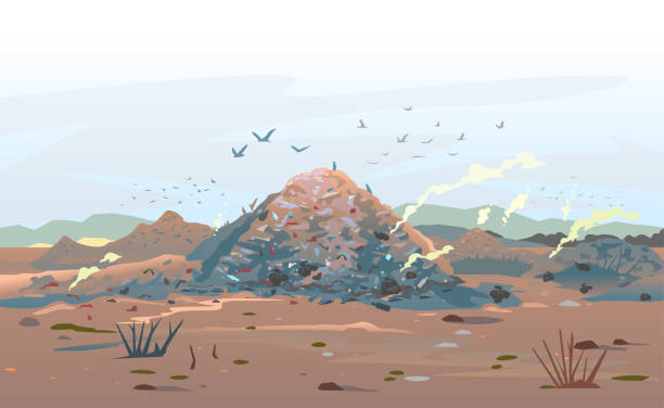 Garage Dump Concept Landscape Garage dump concept with mountains of trash and flock of birds, unpleasant smell in an infinite landfill heap landscape as a background of environmental damage issues, environmental pollution garbage dump stock illustrations