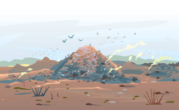 Garage Dump Concept Landscape Garage dump concept with mountains of trash and flock of birds, unpleasant smell in an infinite landfill heap landscape as a background of environmental damage issues, environmental pollution trash illustrations stock illustrations