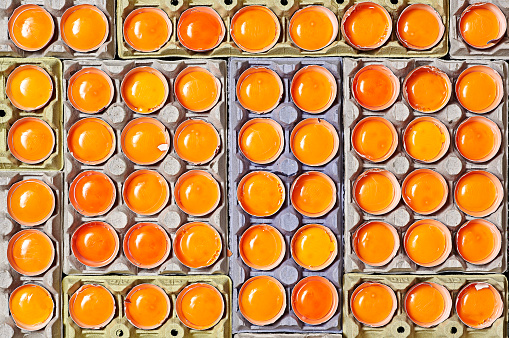 A lot of cracked eggs with a different colors of egg yolk over a egg cartons.