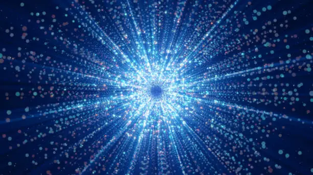 Photo of 3D rendering of particles gathering in the center of virtual space. A bright explosion of a star made of particles