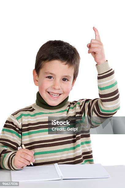 Child With Notebook Asking To Speak Stock Photo - Download Image Now - Adult Student, Arms Raised, Back to School