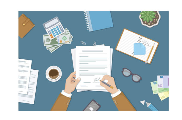 Businessman signing a document. Man hands with pen and contract. The process of business financial agreement. Document with a signature. Desk with money purse notebook. Businessman signing a document. Man hands with pen and contract. The process of business financial agreement. Document with a signature. Desk with money purse notebook. Vector illustration top view lawyer illustrations stock illustrations