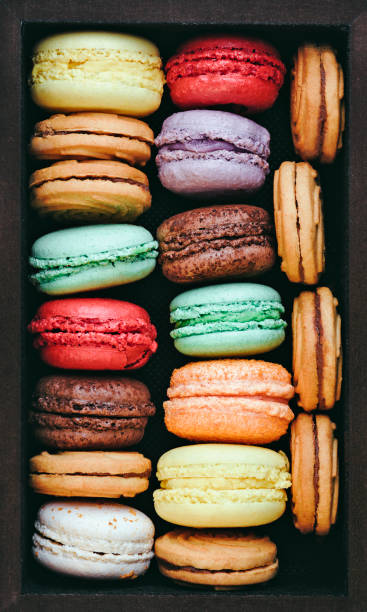 istock Colorful macaroons and cookies in a row in a box. 966280068