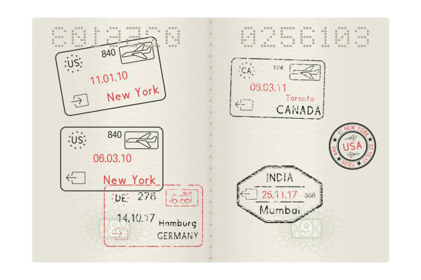 ilustrações de stock, clip art, desenhos animados e ícones de passport pages with international stamps of usa, germany, india and canada cities. arrival and departures with date - passport postage stamp india passport stamp