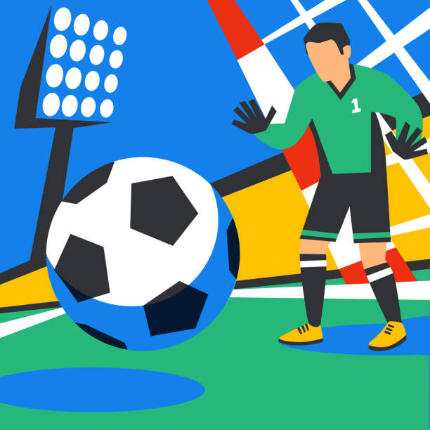 ilustrações de stock, clip art, desenhos animados e ícones de goalkeeper defends goal. football player with ball against background of the stadium. soccer player in russia. penalty. full color illustration in flat style. - american football stadium illustrations
