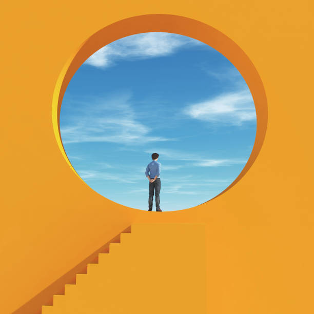 istock Man was looking through a hole in the wall to the sky 966285750