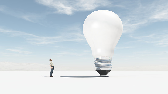The man looks up towards a big bulb. This is a 3d render illustration.
