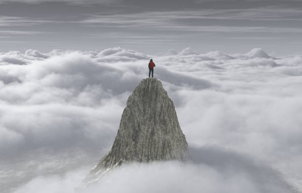 un hombre de pie en un acantilado de piedra sobre las nubes. concepto de éxito. - high peaks fotografías e imágenes de stock