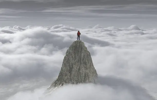 A man standing on a stone cliff over the clouds .Success concept. This is a 3d render illustration