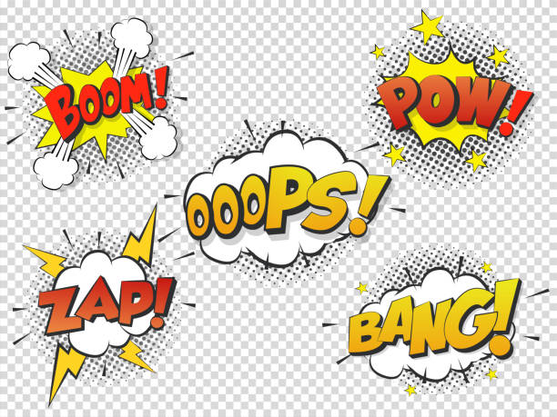 ilustrações, clipart, desenhos animados e ícones de discurso em quadrinhos conjunto bolha com pras boom bang, oops, pow, zap. discurso de som bolha de quadrinhos desenhos animados vetor. - shape comic book label text