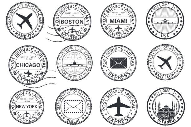 ilustrações, clipart, desenhos animados e ícones de turista de selos e carimbos. coleção de selos de tinta redondo - postmark