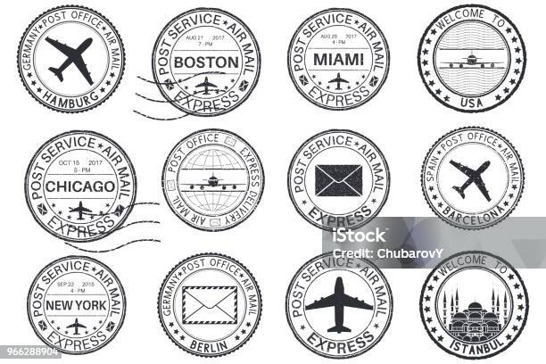 Tourist Stamps And Postmarks Collection Of Round Ink Stamps Stock Illustration - Download Image Now