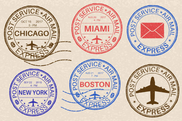 ilustrações de stock, clip art, desenhos animados e ícones de postmarks. collection of ink stamps on beige background - postage stamp backgrounds correspondence delivering